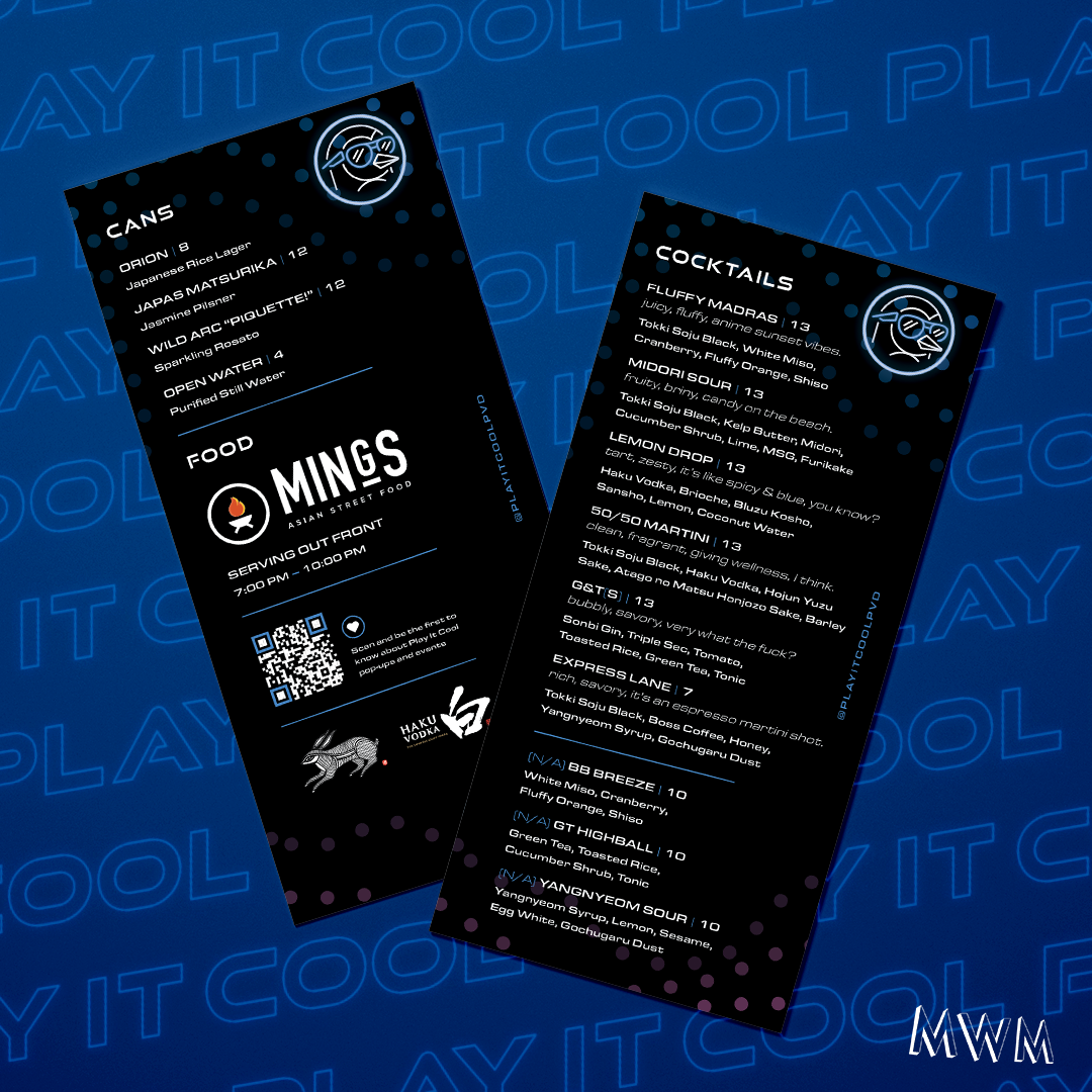 Menu featuring drinks and food options, including cocktails and Asian street food from Mings.