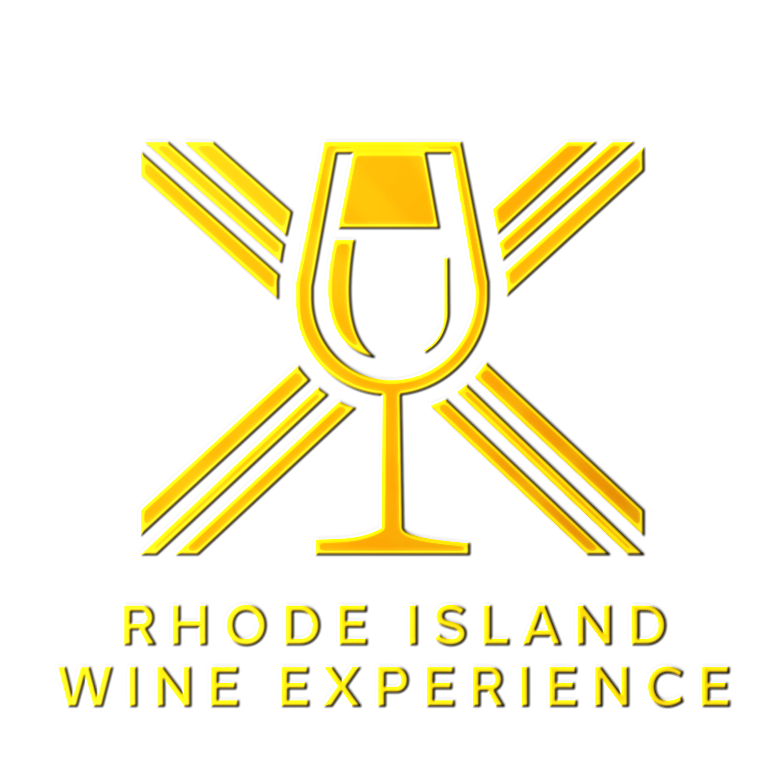 Yellow logo featuring a wine glass and crossed lines, labeled "Rhode Island Wine Experience.