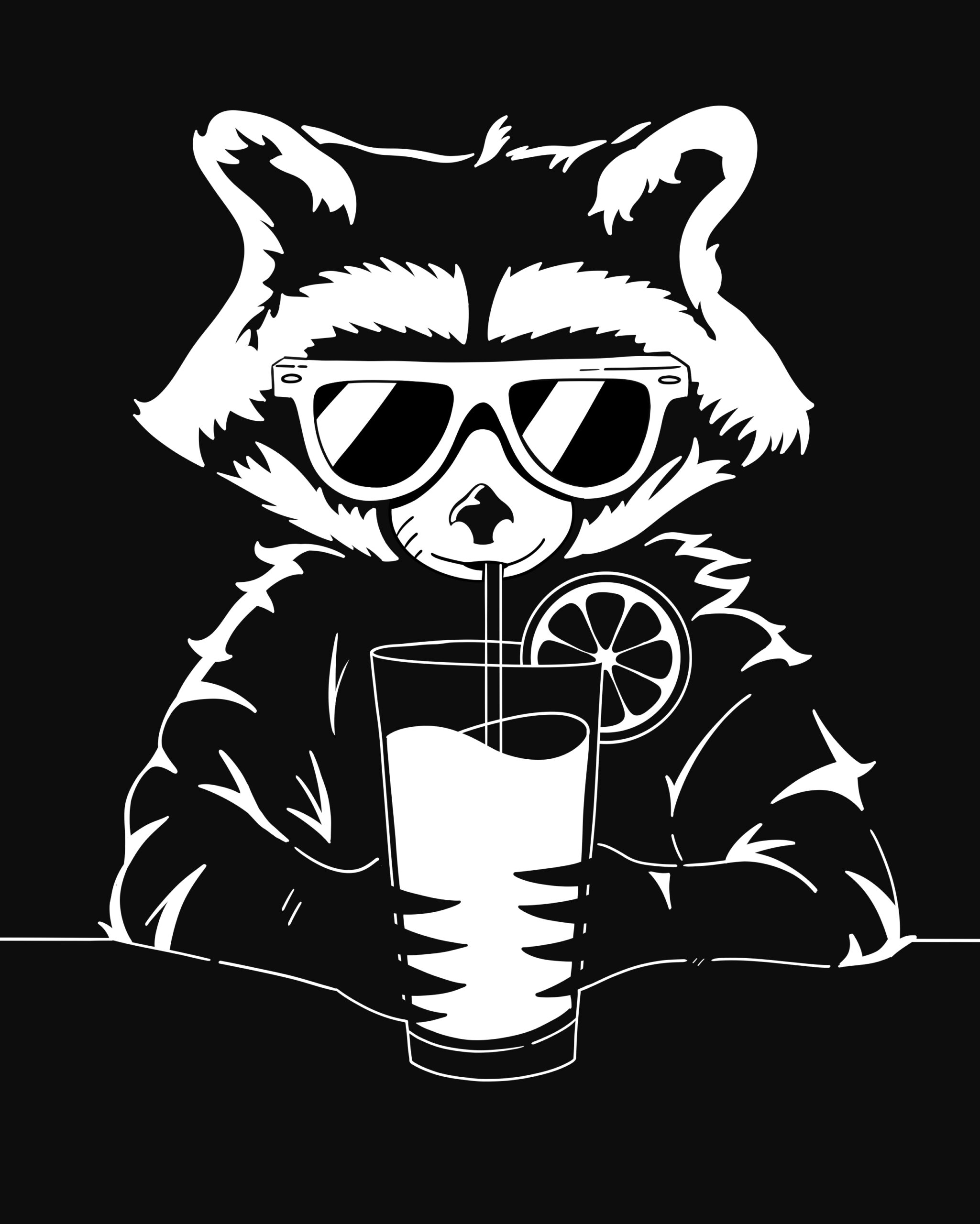 A raccoon wearing sunglasses drinks from a glass with a lemon slice.