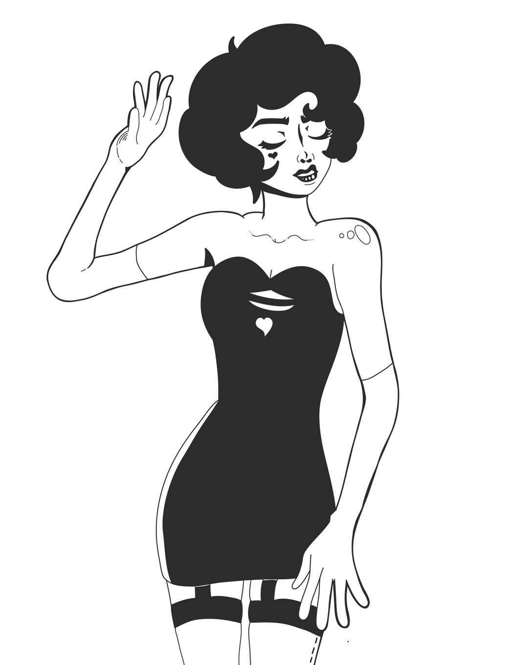 A woman with curly hair wears a black dress and poses playfully, raising one hand.