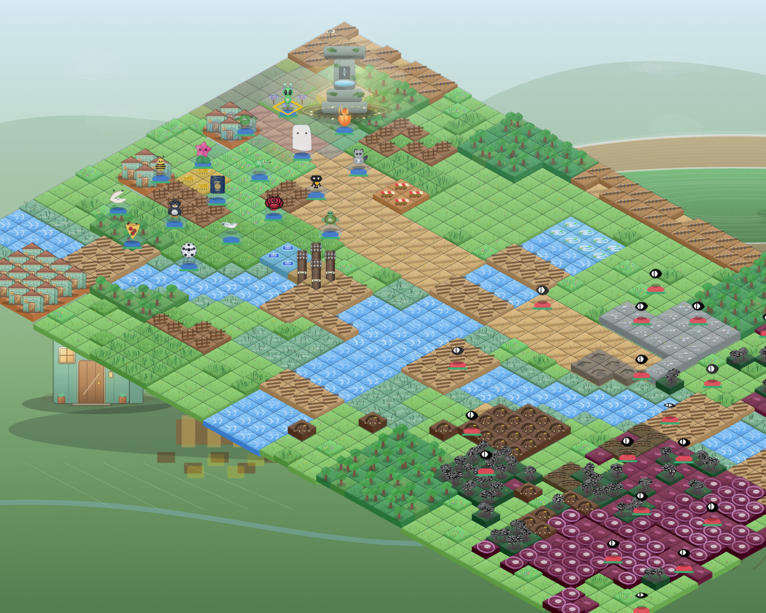 Colorful map featuring various terrains, buildings, and characters, including water, forests, and structures.