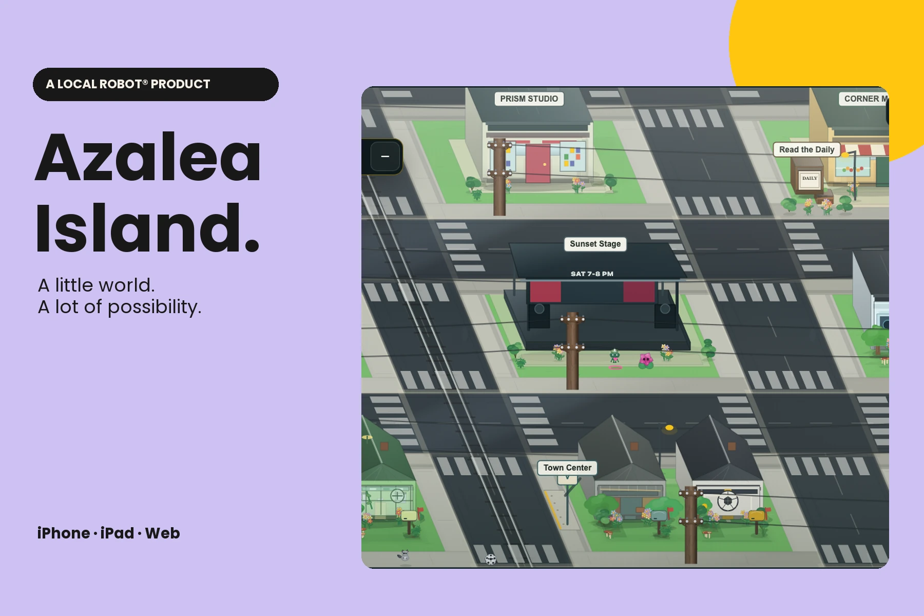 Azalea Island by Local Robot, showing its illustrated village and iPhone, iPad and web platforms