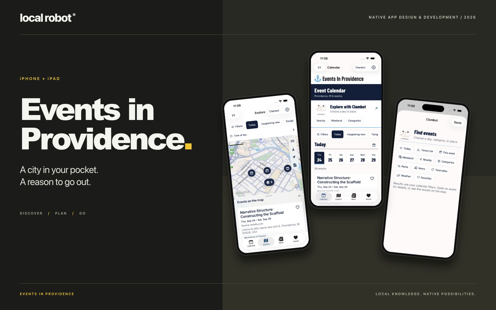 Events in Providence iOS and iPadOS portfolio cover with real calendar, Explore map and Clambot screens.