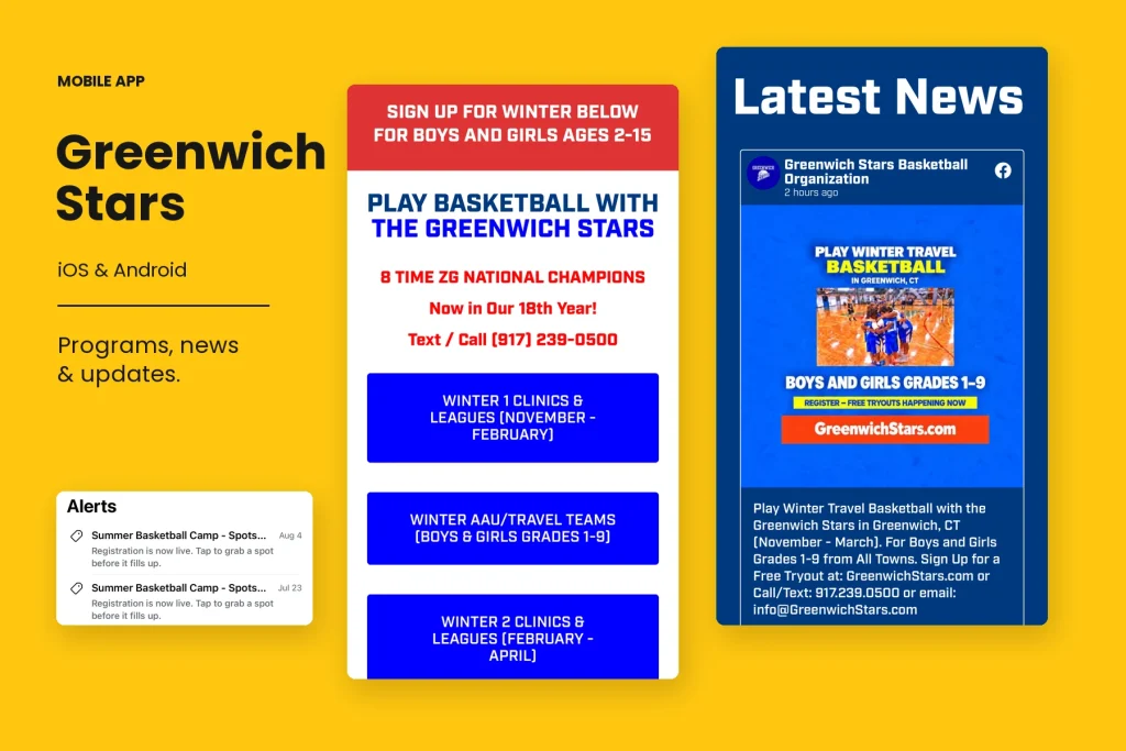 Greenwich Stars Basketball app showing programs, news and alerts on iOS and Android