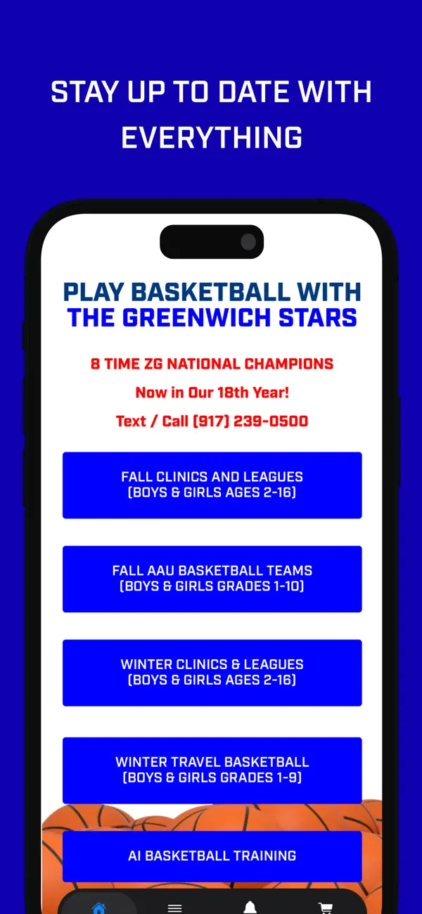 Greenwich Stars app showing basketball program choices