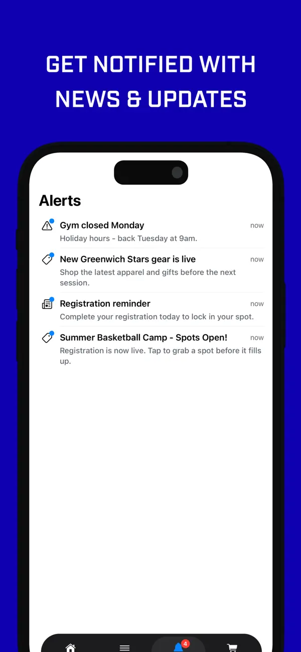 Greenwich Stars app release screenshot showing news and notification examples