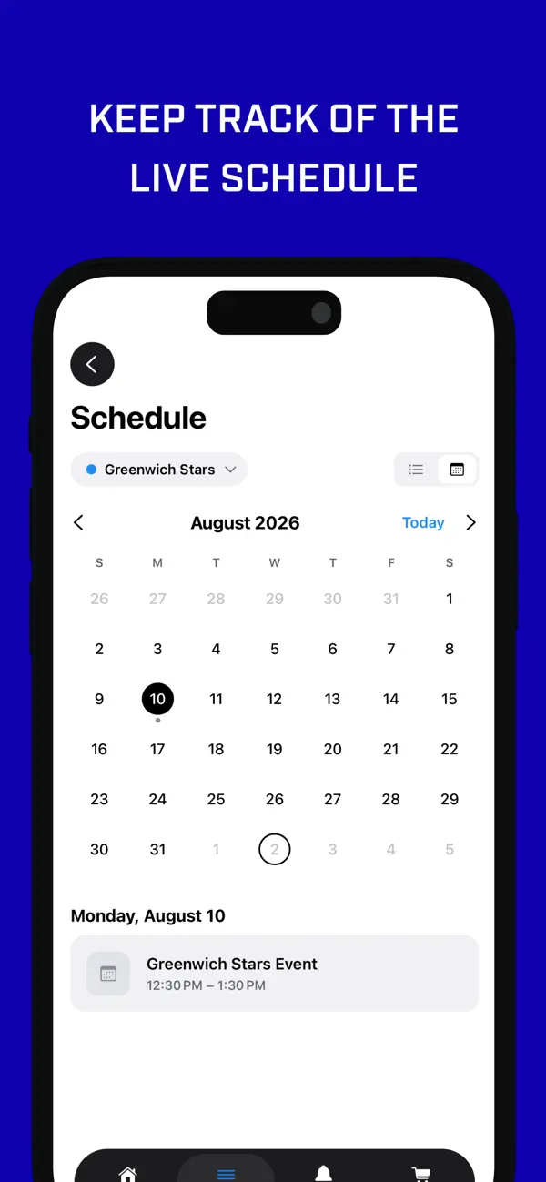 Greenwich Stars app release screenshot showing the live schedule calendar