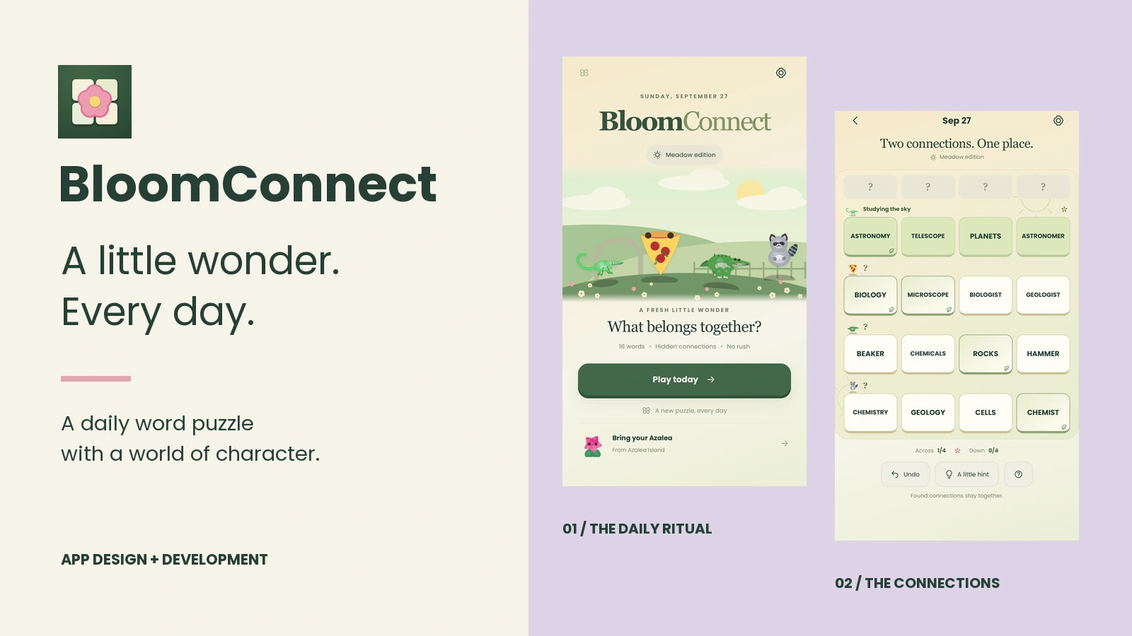 BloomConnect daily word puzzle app, with its flower icon, meadow home screen and sixteen-word connections board on cream and lavender fields.