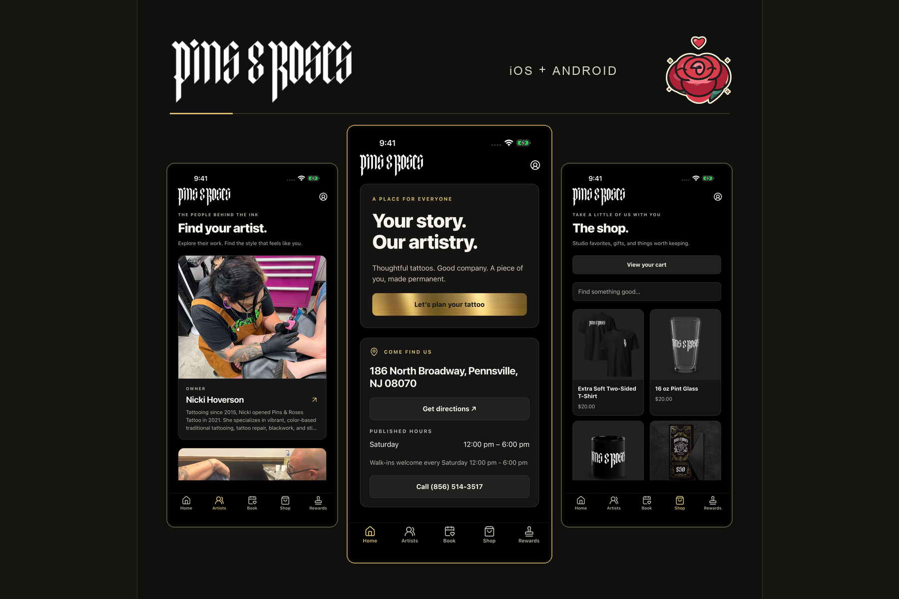 Pins & Roses Tattoo app for iOS and Android, showing artist profiles, the home screen, studio shop and Rose sticker.